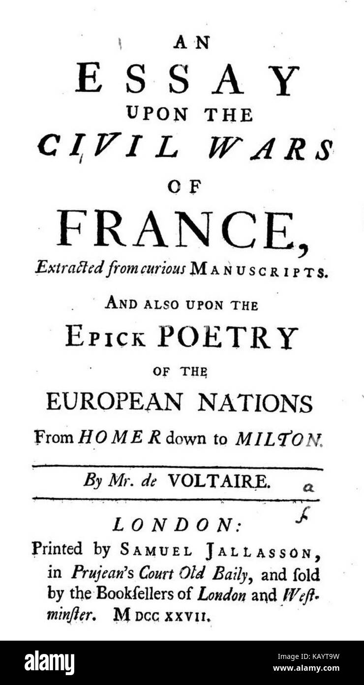 Titelseite Voltaire Essay über die Bürgerkriege von Frankreich Stockfoto