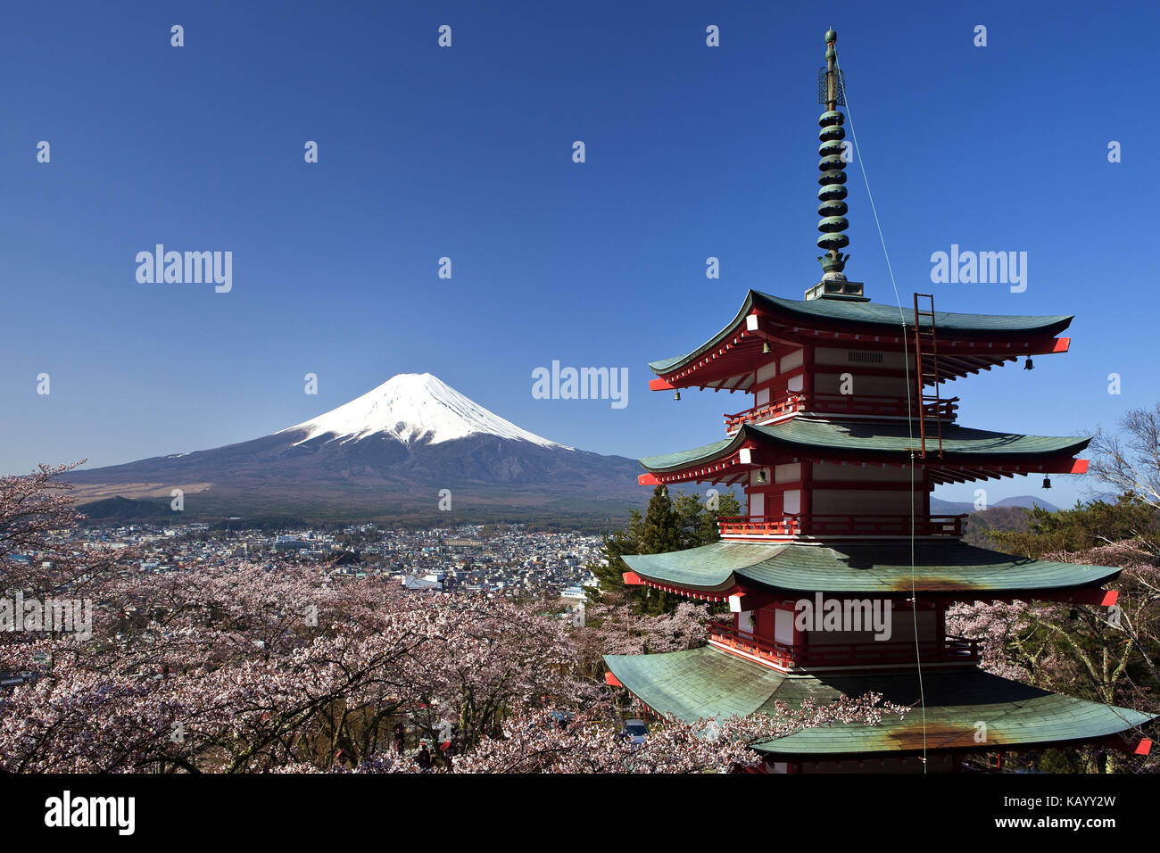 Japan, Pagode im arakura sengen Shrine, Kirschblüten und Mount Fuji, Stockfoto