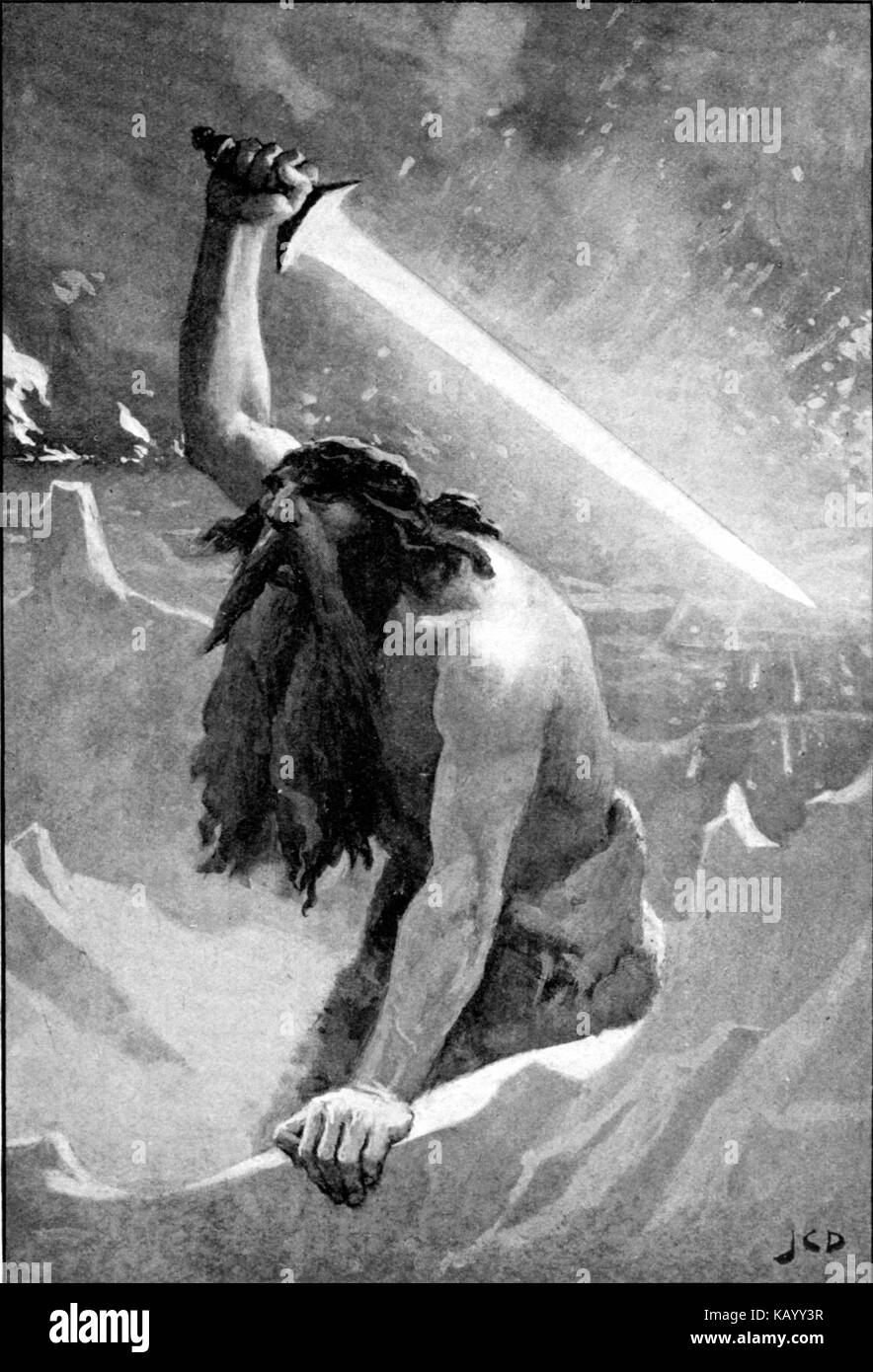 Eine dramatische Illustration von Dollman mit einer hochragenden Figur, die ein brennendes Schwert schwingt. Der Riese, imposant und mächtig, steht vor einem dunklen, atmosphärischen Hintergrund und betont die Kraft und Energie, die vom Schwert ausgeht. Das feurige Element steht im Kontrast zu den ansonsten gedämpften Tönen, wodurch der Fokus auf die kommandierende Präsenz des Charakters hervorgehoben wird. Stockfoto