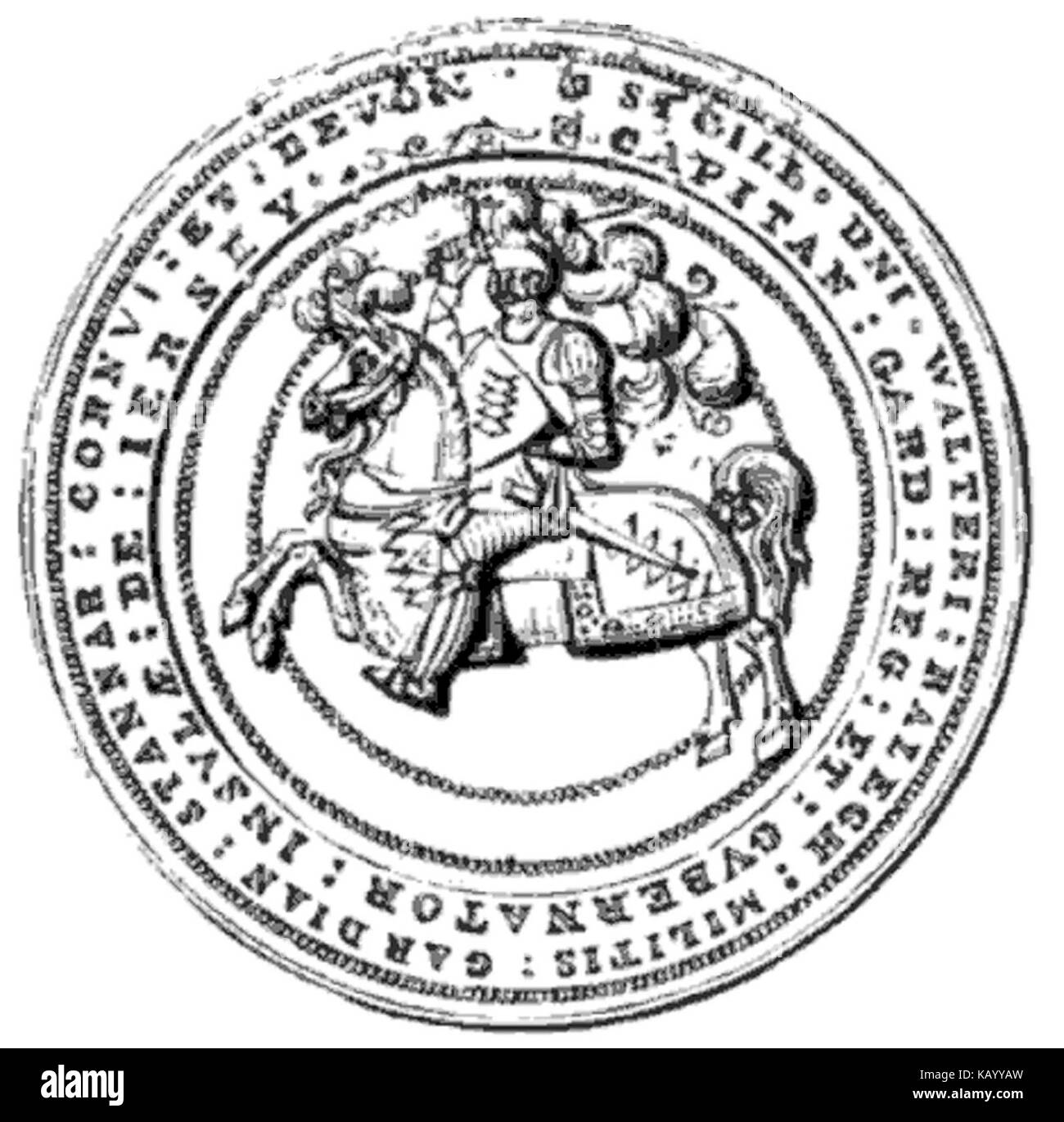 Das Dienstsiegel von Sir Walter Raleigh, einem englischen Entdecker, Soldaten und Höfling während der elisabethanischen Ära. Raleigh spielte eine zentrale Rolle bei der Kolonialisierung Amerikas und war eine prominente Persönlichkeit am englischen Hof. Stockfoto Das Dienstsiegel von Sir Walter Raleigh, einem englischen Entdecker, Soldaten und Höfling während der elisabethanischen Ära. Raleigh spielte eine zentrale Rolle bei der Kolonialisierung Amerikas und war eine prominente Persönlichkeit am englischen Hof. Stockfoto