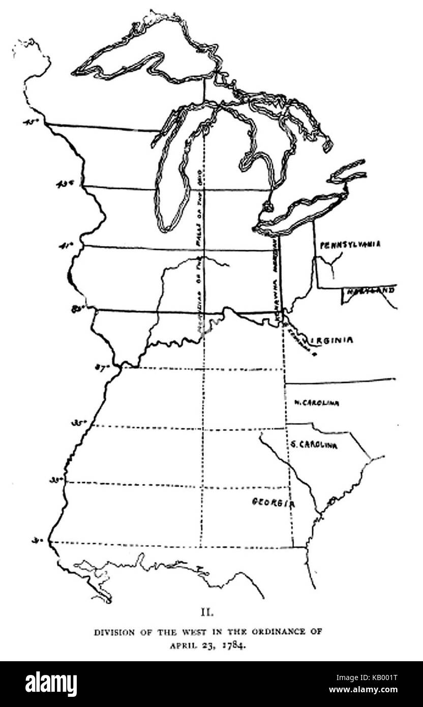 Die am 23. April 1784 erlassene Land Ordinance legte den Grundstein für eine Erweiterung nach Westen in den Vereinigten Staaten und legte fest, wie neue Territorien organisiert und besiedelt werden sollten. Stockfoto