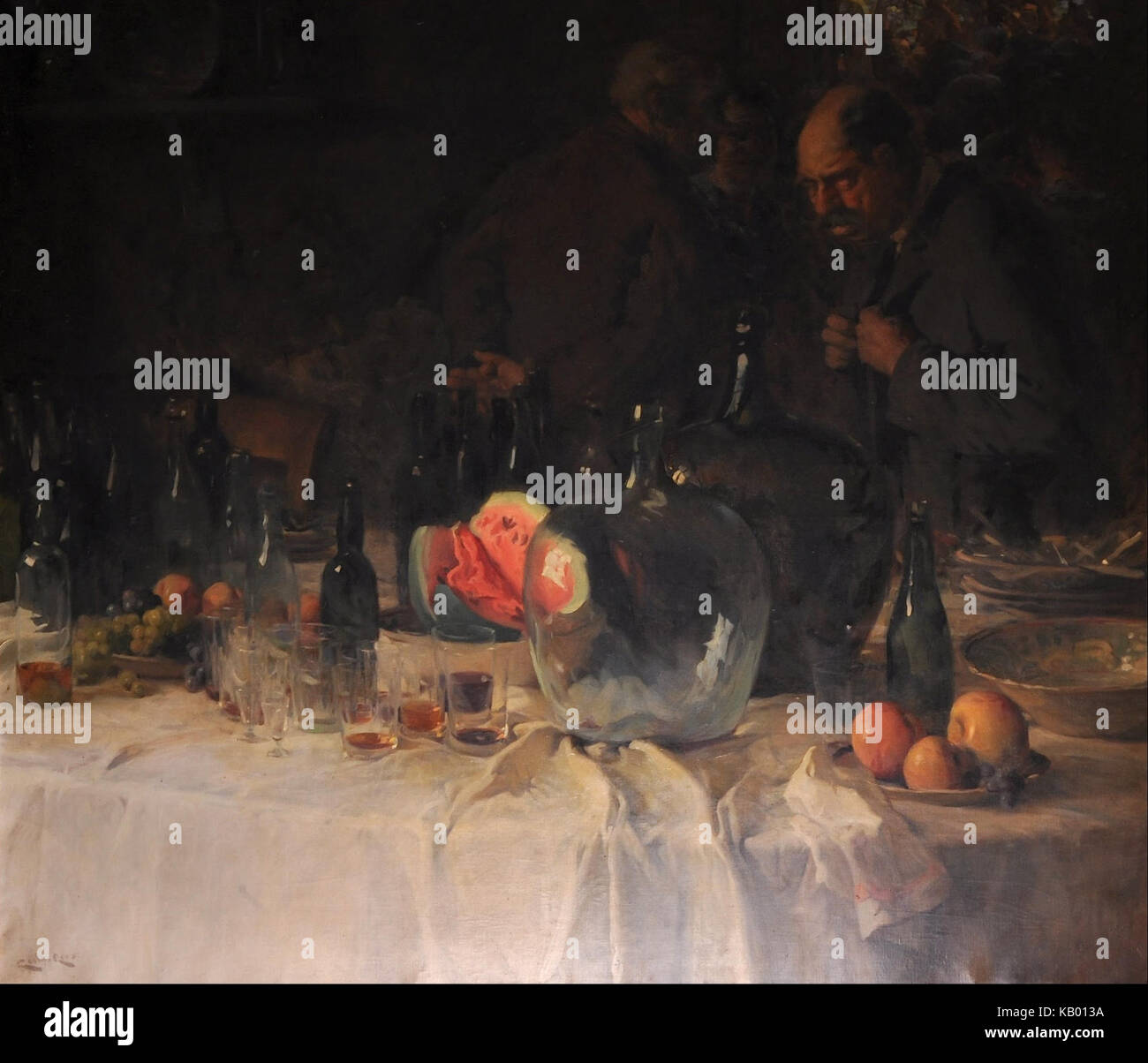 Carlos Reises „Plus de Vin“ ist ein Kunstwerk, das seinen Stil und seine Technik widerspiegelt und sich wahrscheinlich mit Themen des Weins und seiner kulturellen Bedeutung in der portugiesischen Gesellschaft befasst. Stockfoto