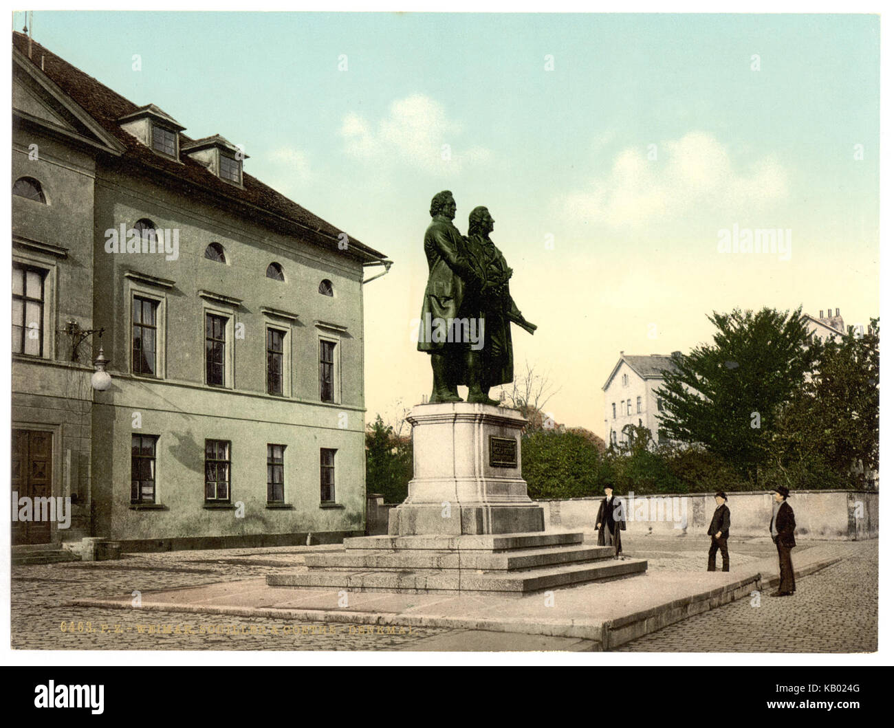 Das Schiller- und Goethe-Denkmal in Weimar, Thüringen, zu Ehren der Werke der berühmten deutschen Dichter Friedrich Schiller und Johann Wolfgang von Goethe. Stockfoto
