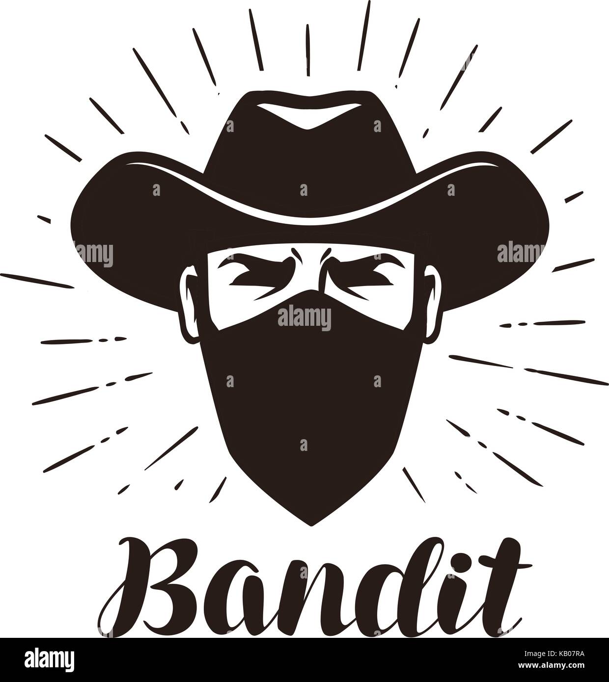 Wütend Bandit, Gangster Logo oder Label. Portrait von Cowboy in der Maske. Schriftzug Vector Illustration Stock Vektor