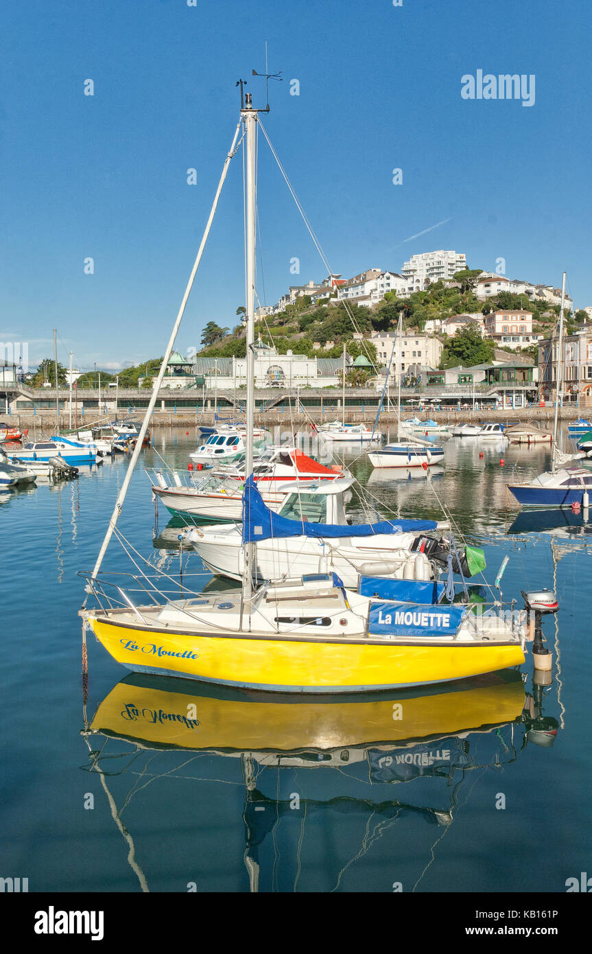 Yachtcharter mit gelben Rumpf in den inneren Hafen von Torquay, Devon, Großbritannien. Meeresfrüchte Küste, englische Riviera Stockfoto