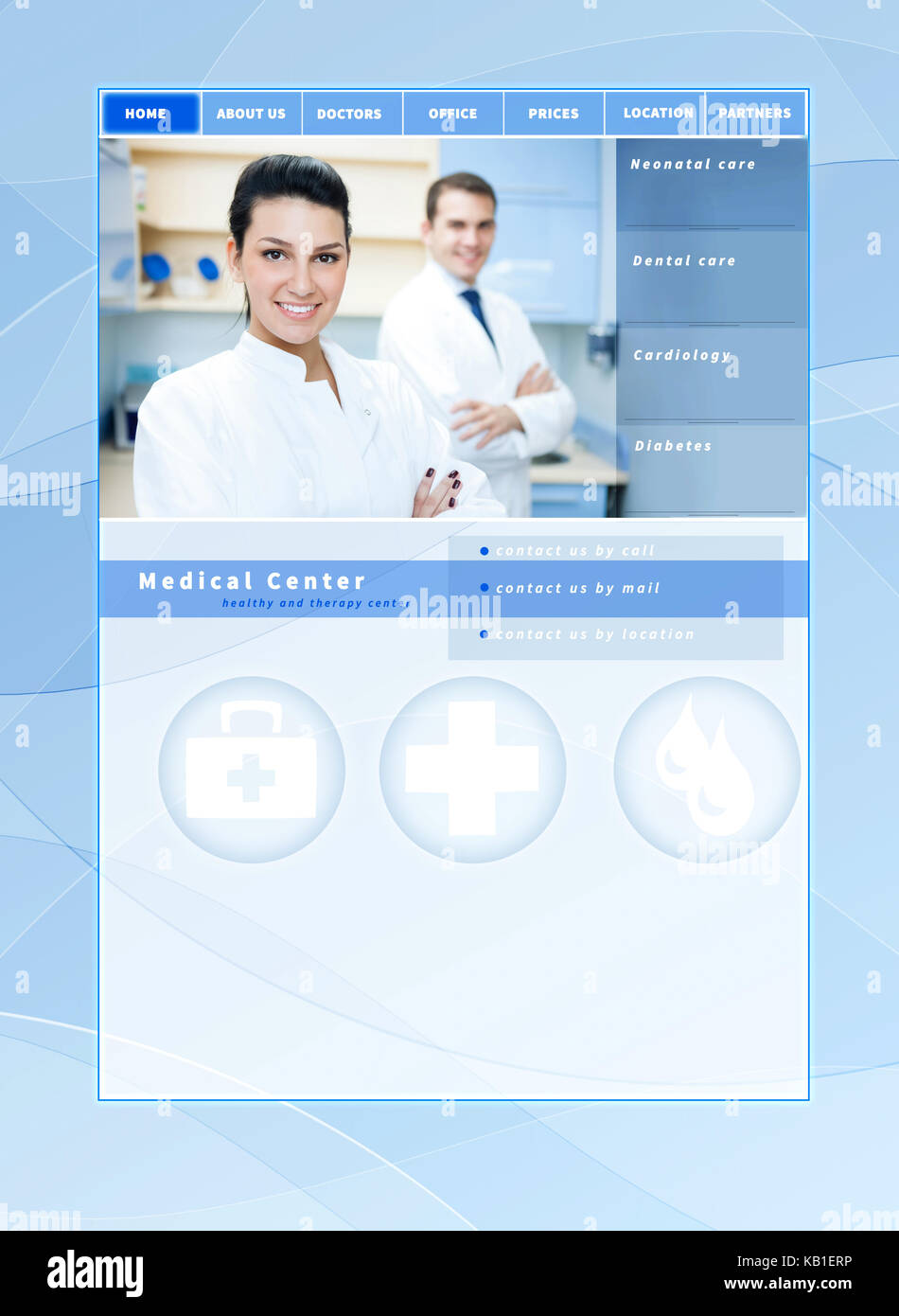Website Vorlage Medizin, Gesundheitswesen theme - blue Design und Layout für einen Arzt, Klinik, Krankenhaus, Gesundheitswesen oder Apotheke Firma Stockfoto
