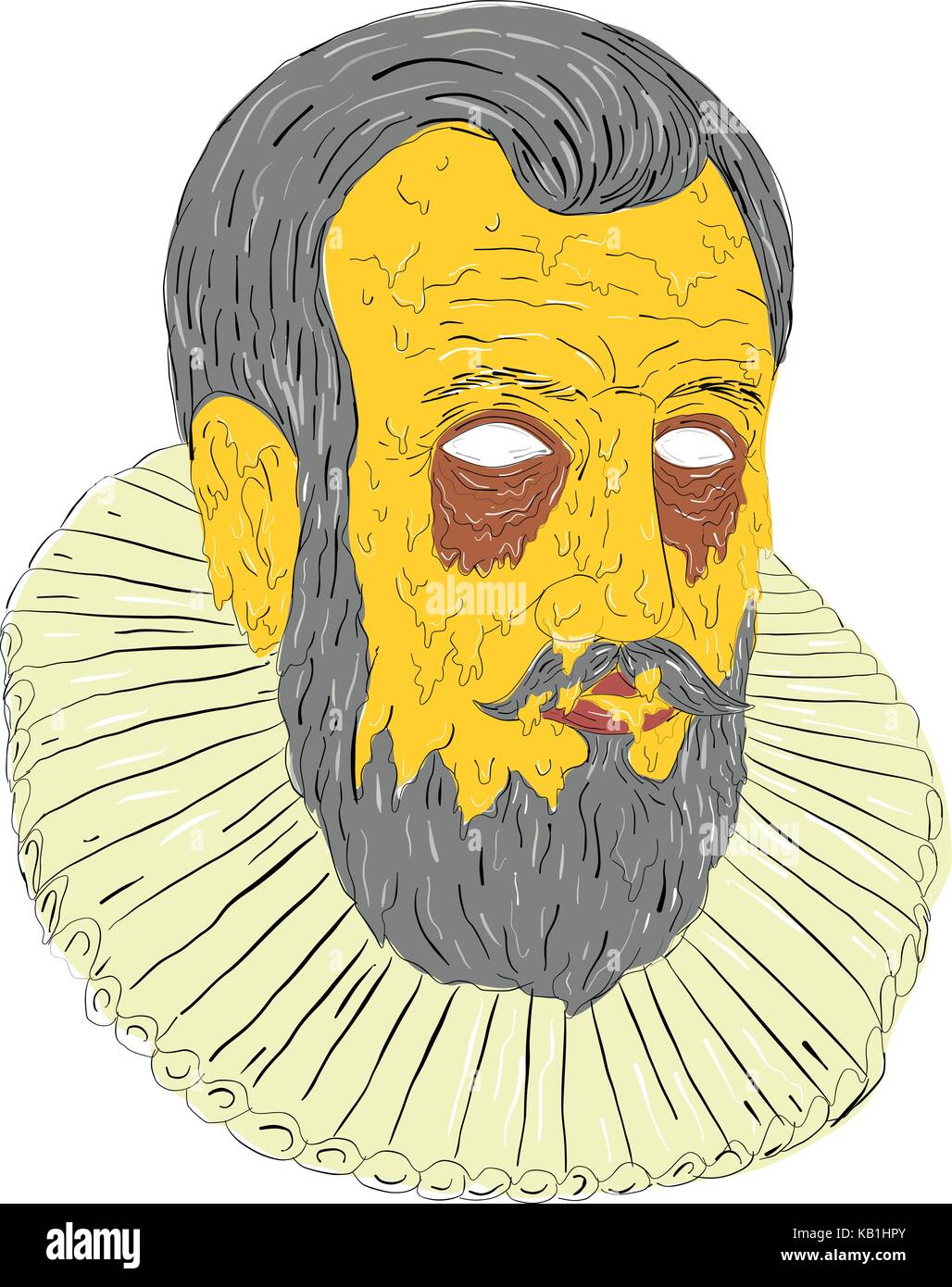 Grime Art style Abbildung: Kopf eines Adligen, Aristokraten, royal Explorer tragen Ruff gerafftem Kragen auf isolierten Hintergrund. Stock Vektor