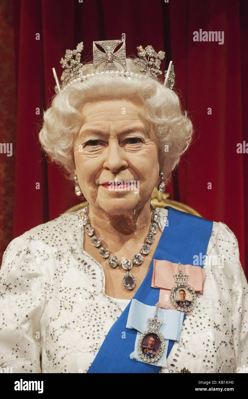 England, London, Madame Tussauds, Wachsfigur, Königin Elisabeth II., Stockfoto