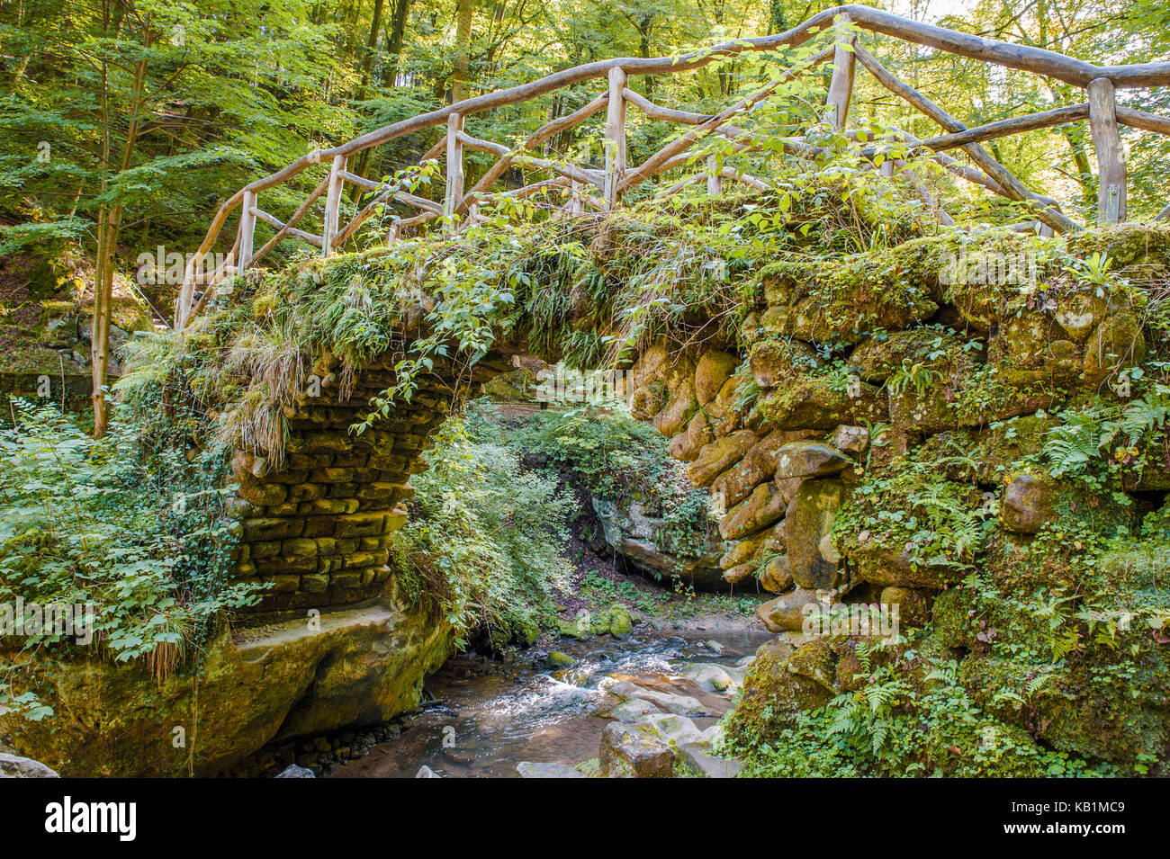 Alte, steinerne Brücke über den Fluss der aus Luxemburg Müllerthal Stockfoto