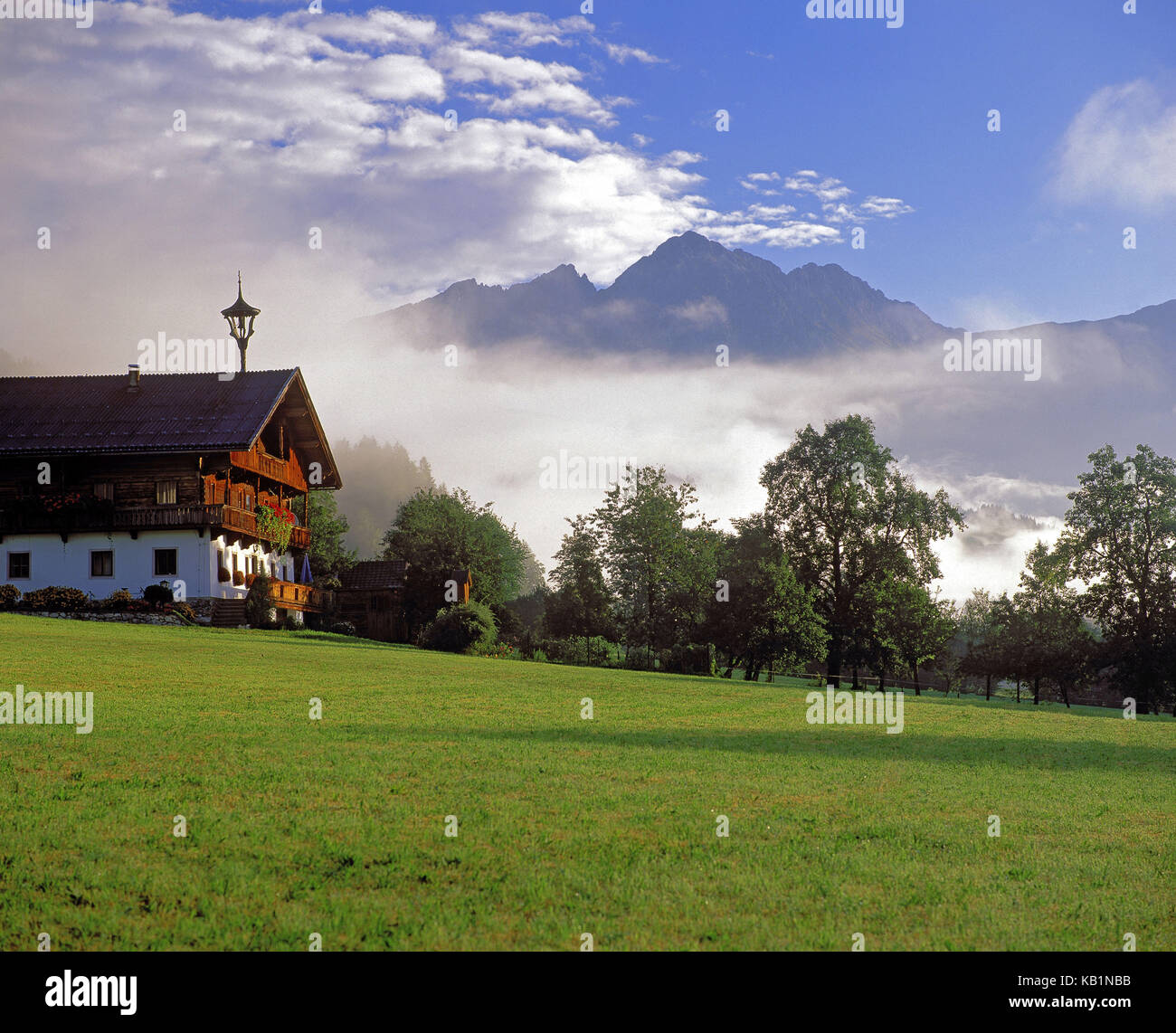 Österreich, Tirol, Region Kitzbühel, Ellmau, Wilder Kaiser, Bauernhof bei Söll gegen den Scheffauer, Stockfoto