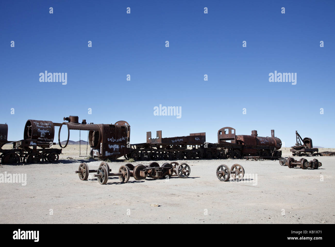 Bolivien, Salar de Uyuni, Uyuni, cementerio de trenes, Stockfoto