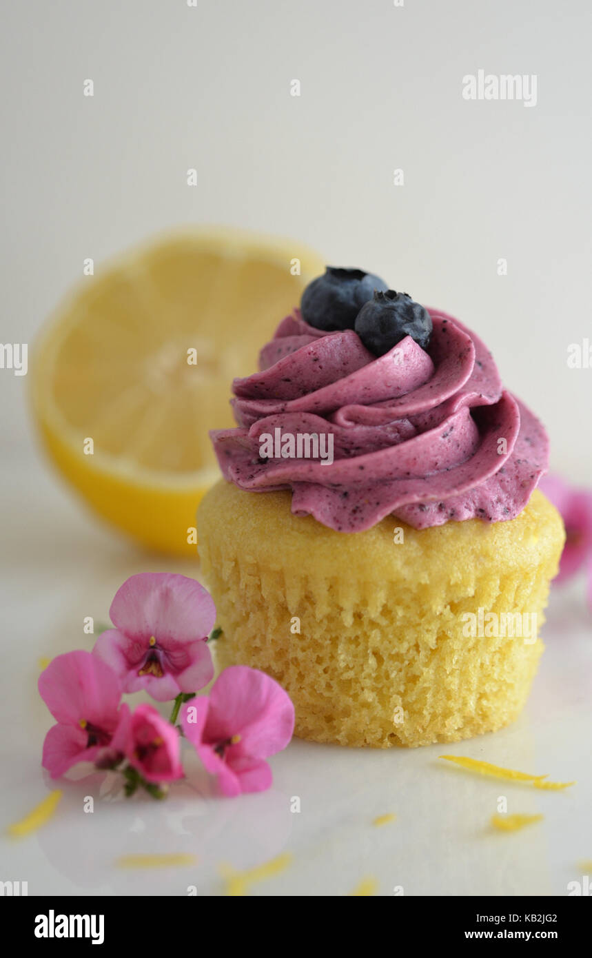 Zitrone Blueberry Cupcake mit rosa Blumen Stockfoto