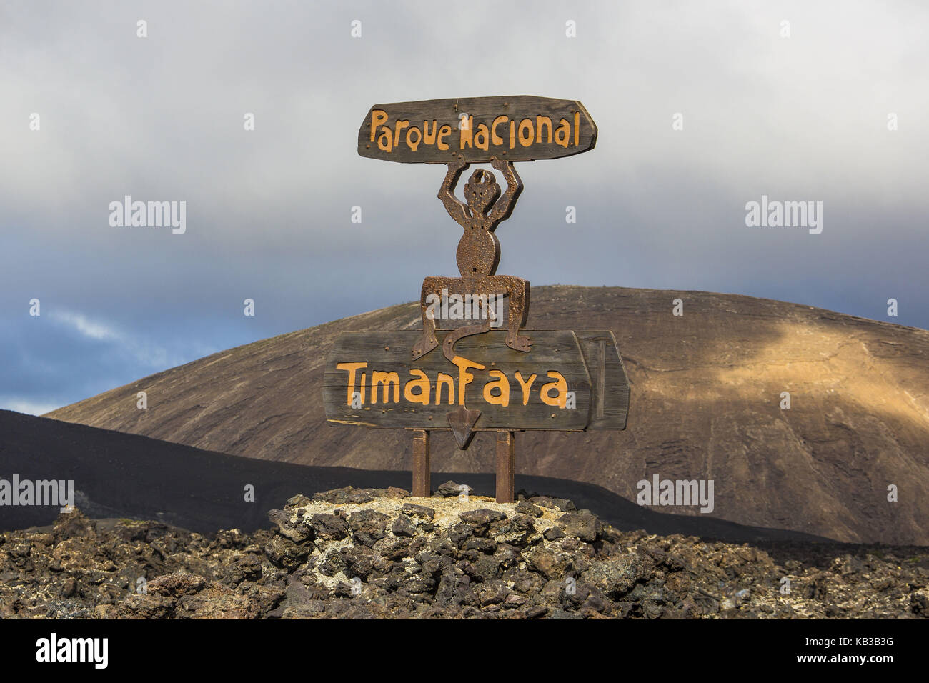 Spanien, Kanarische Inseln, Lanzarote, Nationalpark Timanfaya, Schild, Stockfoto