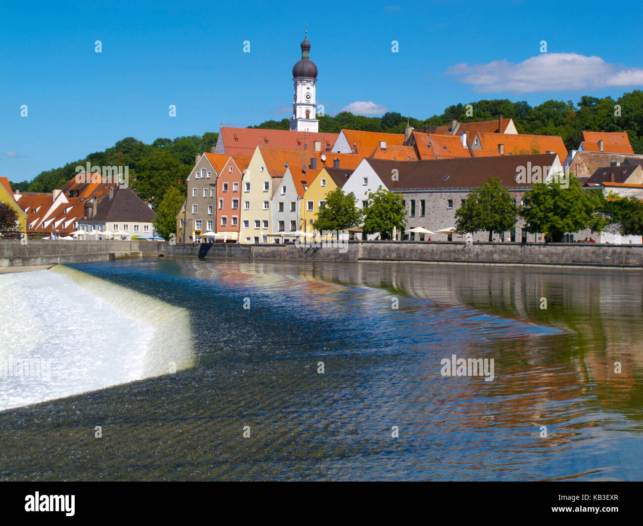 Landsberg am Lech, Wehr und Seepromenade, Stockfoto