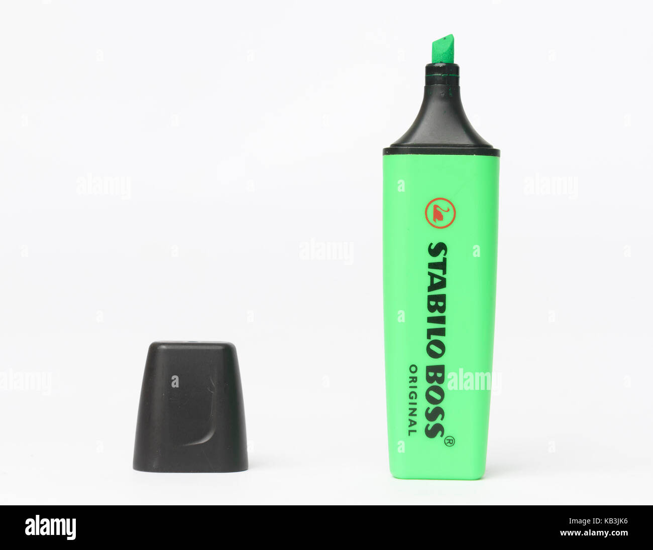 Grün Stabilo Boss Textmarker Marker Pen ausgeschnitten auf weißem Hintergrund Stockfoto