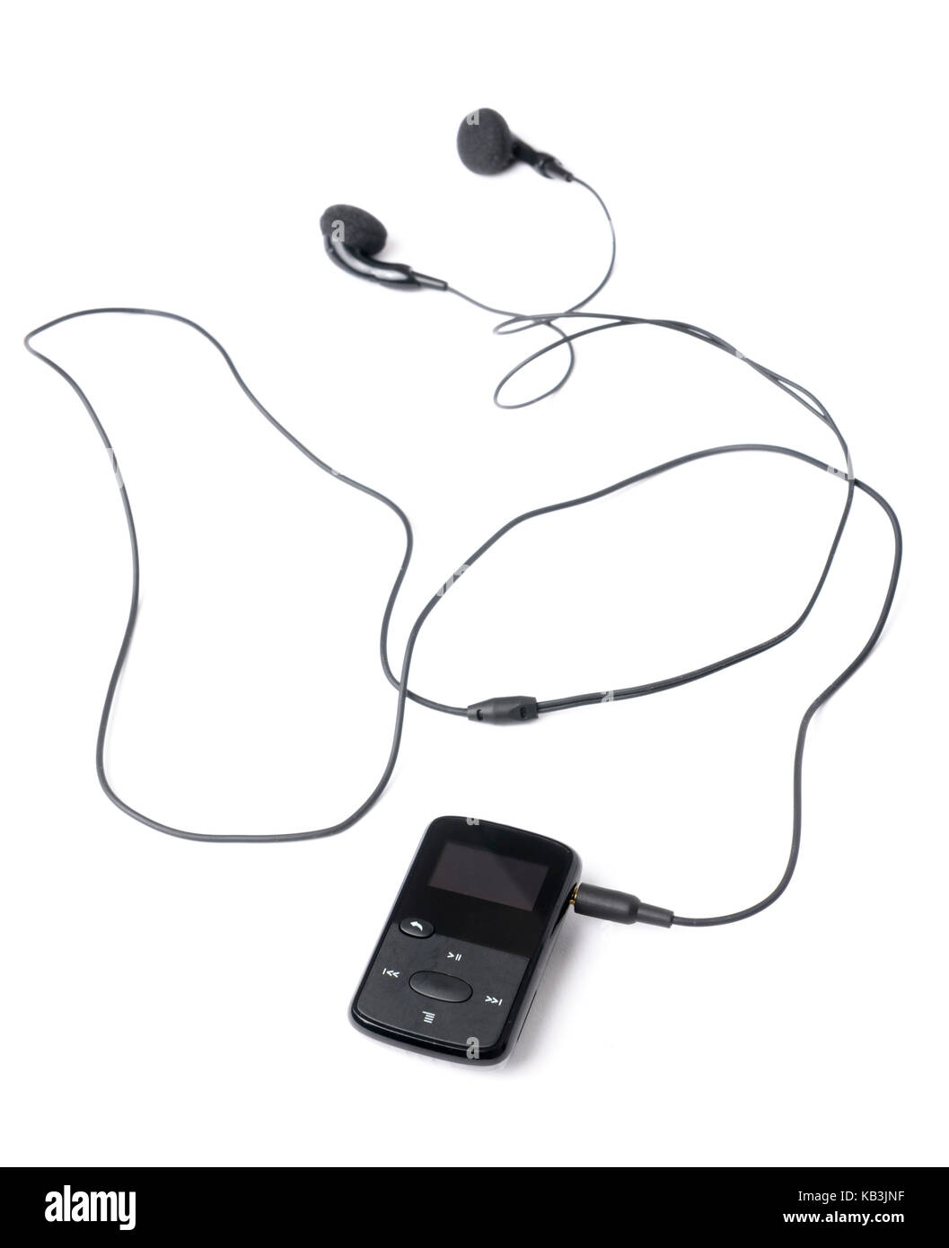 Schwarzer mp3-Player mit Ohrhörern, isoliert auf weißem Hintergrund Stockfoto