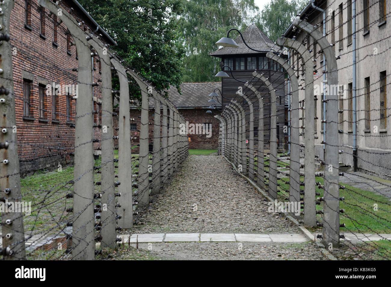 Kaserne hinter Stacheldraht frences in Auschwitz IM ZWEITEN WELTKRIEG NS-Konzentrationslager, Polen Stockfoto