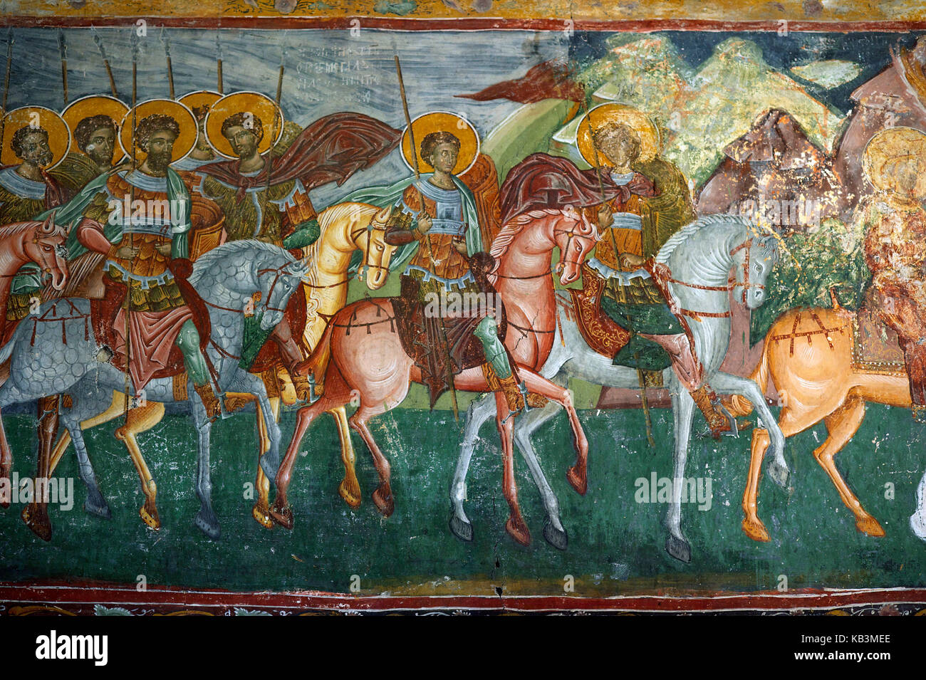 Rumänien, südlich der Region Bukowina, Kirche Patrauti, die von der UNESCO zum Weltkulturerbe erklärt wurde, Fresko der Kavalkade des heiligen Militärs Stockfoto