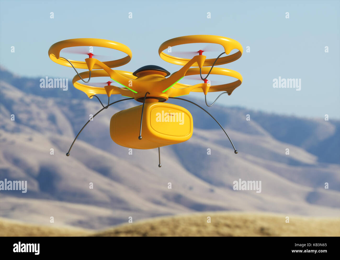 3D-Illustration. Konzeptionelle Bild von Paket Lieferung durch Drone. Unmanned Aerial Vehicle (UAV) verwendet Pakete zu transportieren. Stockfoto