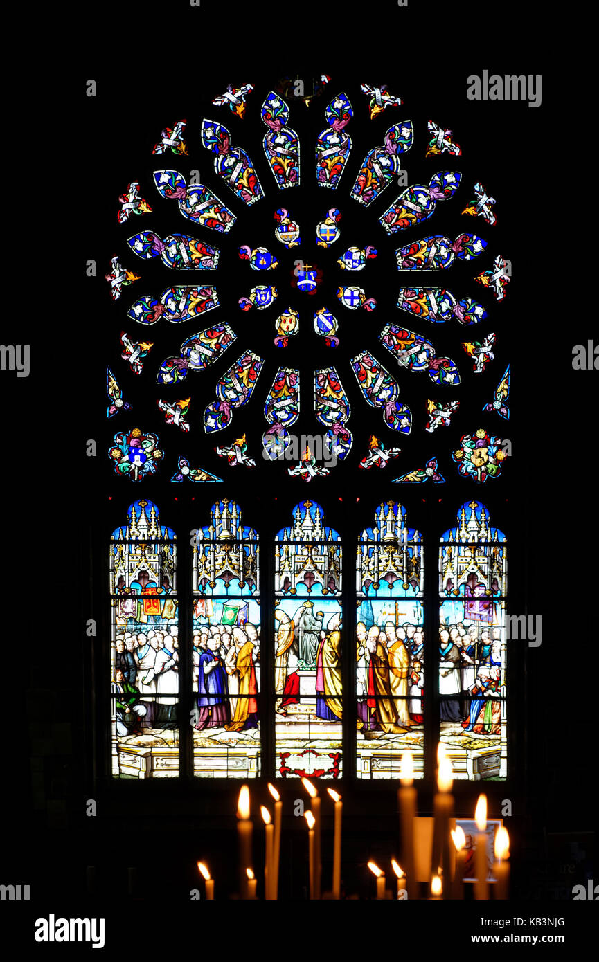 Frankreich, Finistere, Le Folgoet, Basilika Notre-Dame du Folgoet, Glasmalerei des Cross chapell Stockfoto