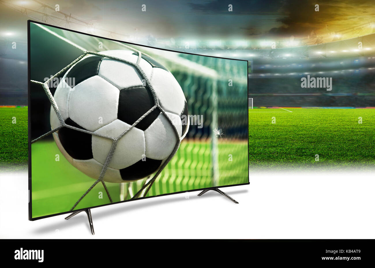 Wm 2018. Fußball-Stadion in den Abend mit einem TV-Bildschirm und Ball mit den Sternen Stockfoto