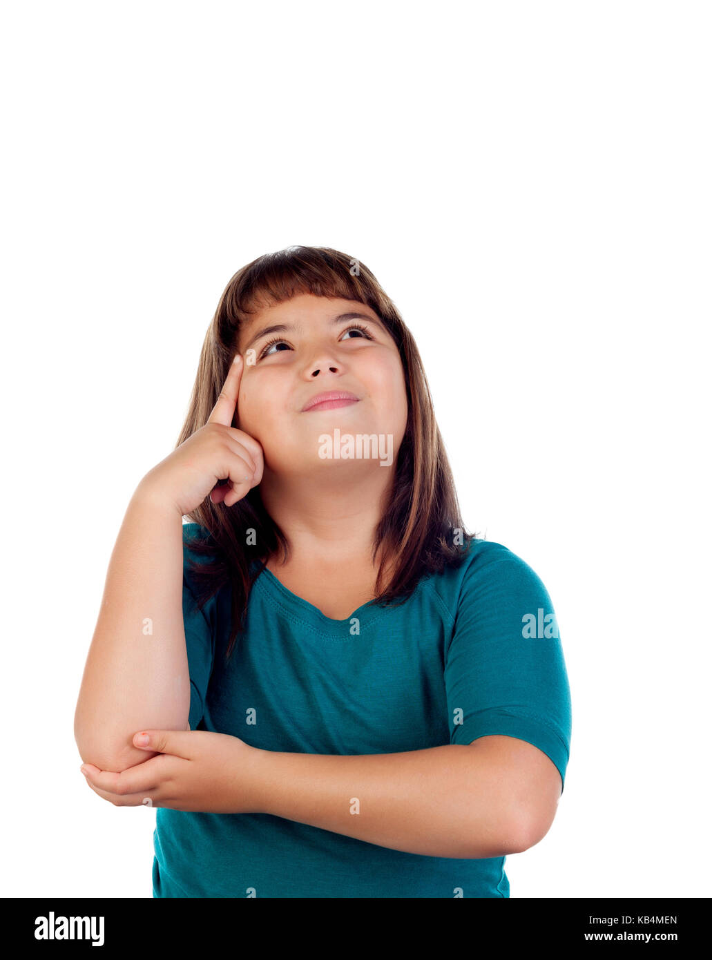 Adorable Mädchen mit elf Jahre alt, blickte auf weißem Hintergrund Stockfoto