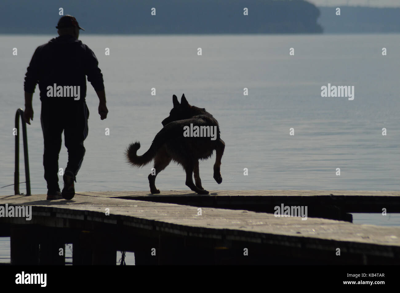 Silhouette der Person und der Deutsche Schäferhund auf einem woden Brücke mit Wasser im Hintergrund. Stockfoto