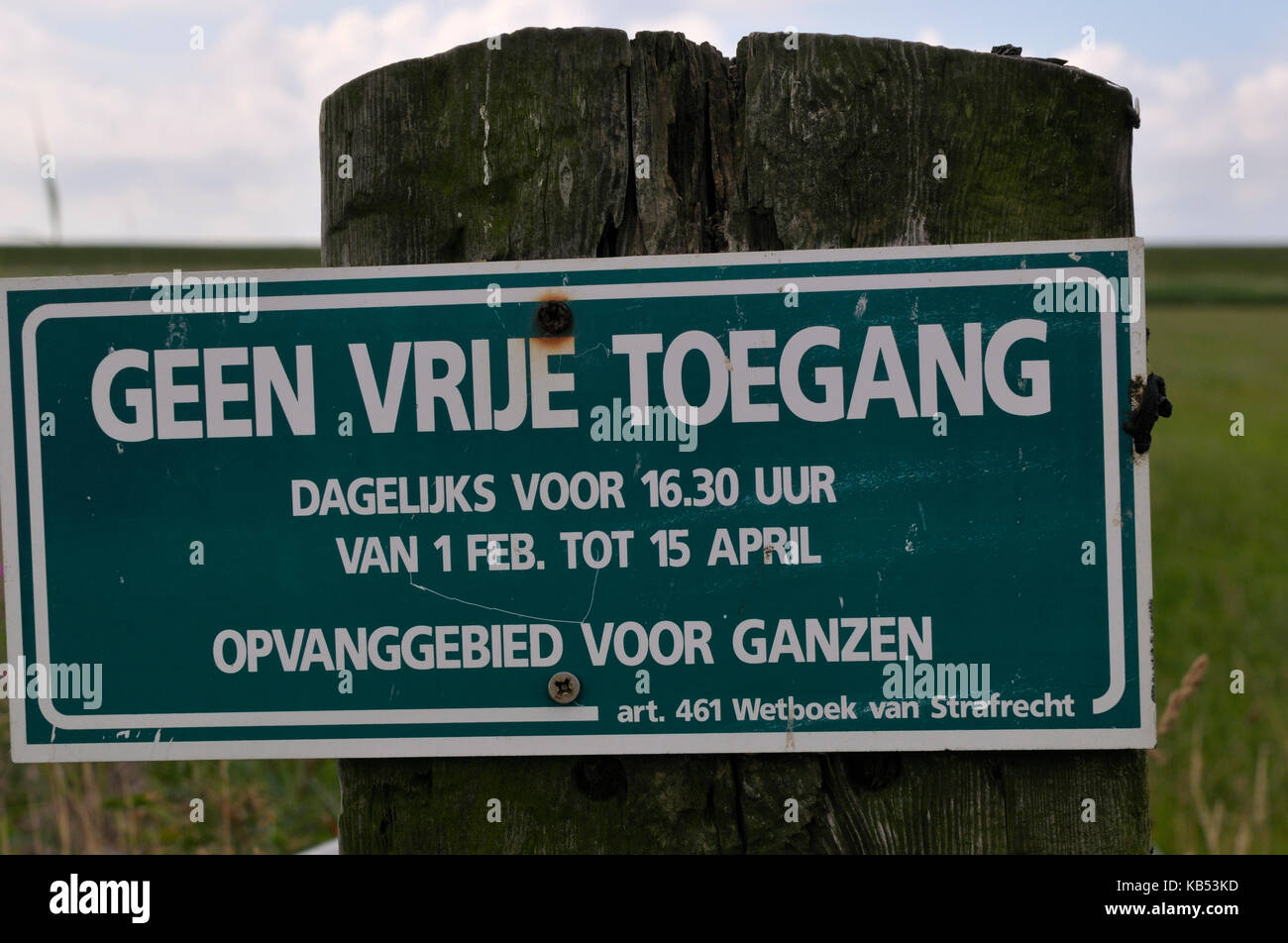 Schild in der Buurdergrie auf Ameland, wo Gänse können und wo es kein Zugriff in einem bestimmten Zeitraum, Niederlande, Friesland, Ameland Stockfoto