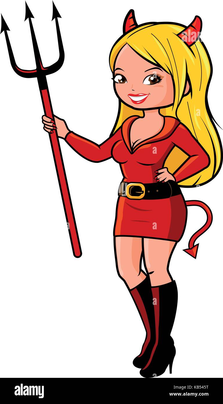 Frau im Halloween-Teufelskostüm. Trick oder behandle junge Frauen mit Monster-Kostüm. Vektorabbildung Stock Vektor