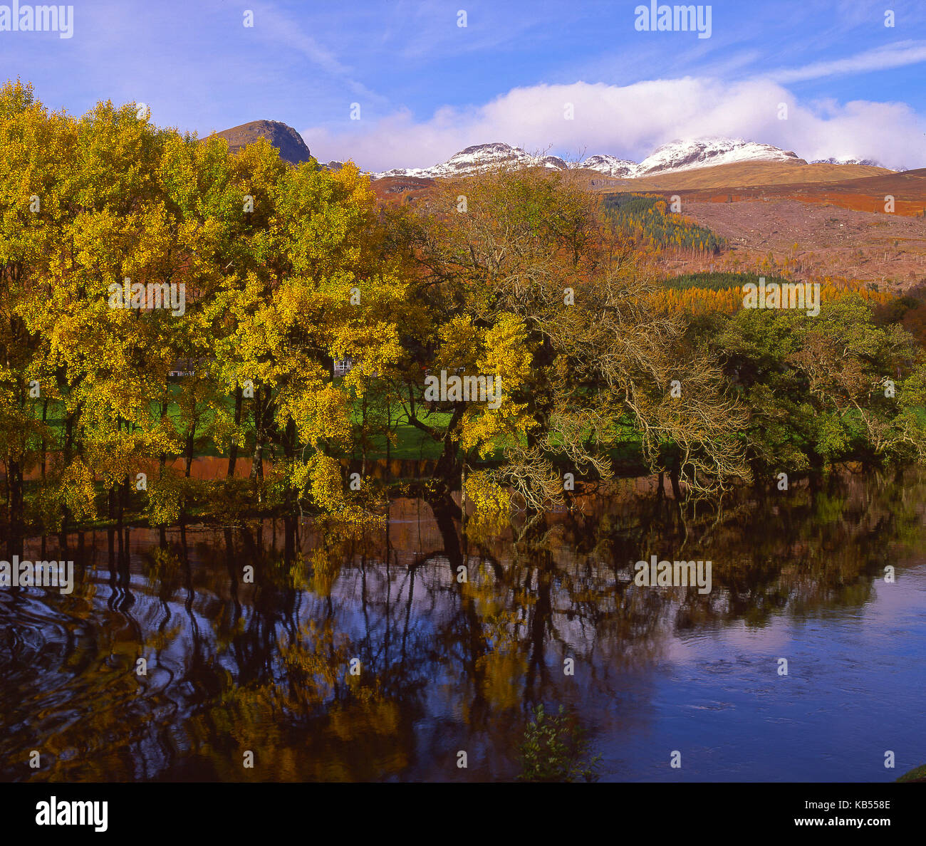 Ruhigen herbst Reflexionen auf dem Fluss Lochy in Richtung Ben Lawers, in der Nähe von Killin, Perthshire Stockfoto