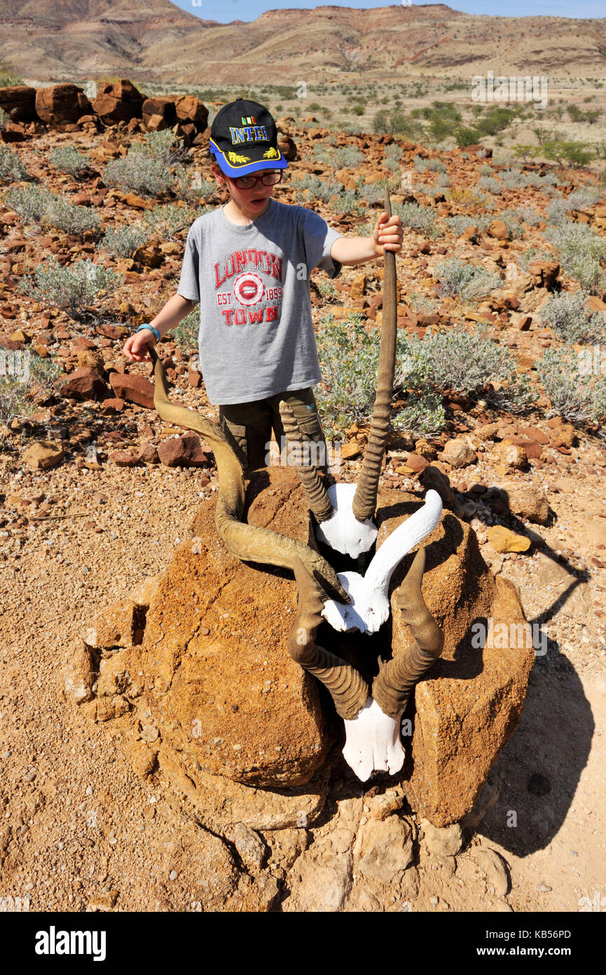 Namibia, Damaraland, twyfeltontein, Unesco Weltkulturerbe, Kind mit Hörnern Stockfoto