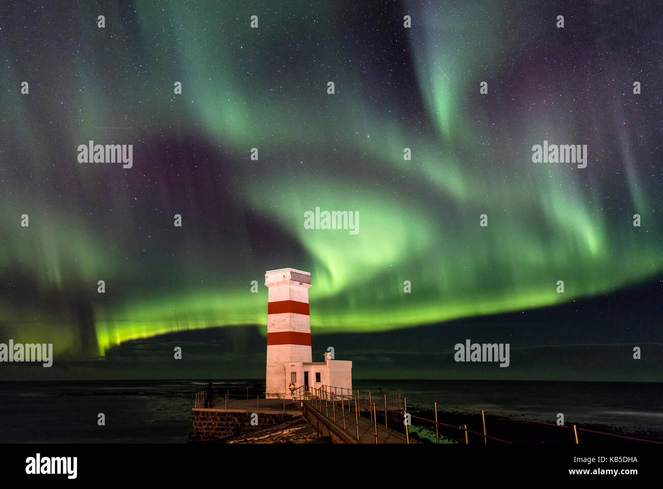 Spektakuläre Darstellung der Aurora Borealis (Nordlicht) in Gardur, auf der Halbinsel Reykjanes, Island, Polargebiete Stockfoto