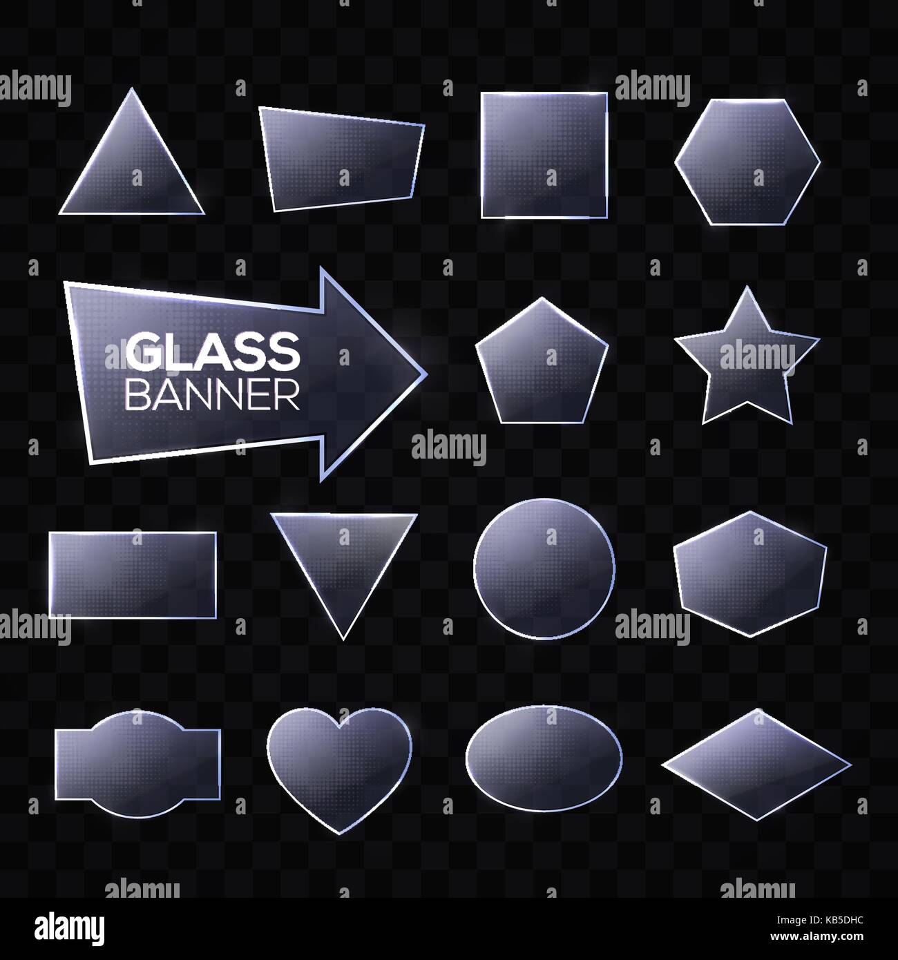 Glasplatten gesetzt. Dreieck, Quadrat, Rechteck, rund, oval, Sechskant, Pentagon, Stern, Herz, Pfeil, Kreis förmige strukturierten Rahmen mit Leuchten und Licht. Technik Banner. Realistische Vector Illustration. Stock Vektor