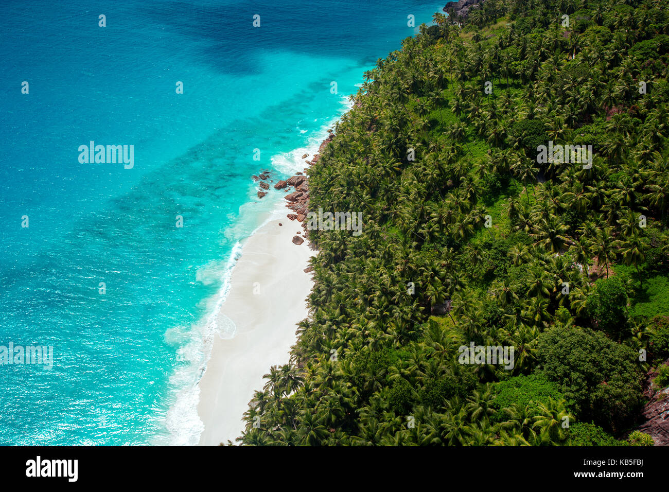 Luftaufnahme von tropischen Strand und Lagune, Seychellen, Indischer Ozean, Afrika Stockfoto
