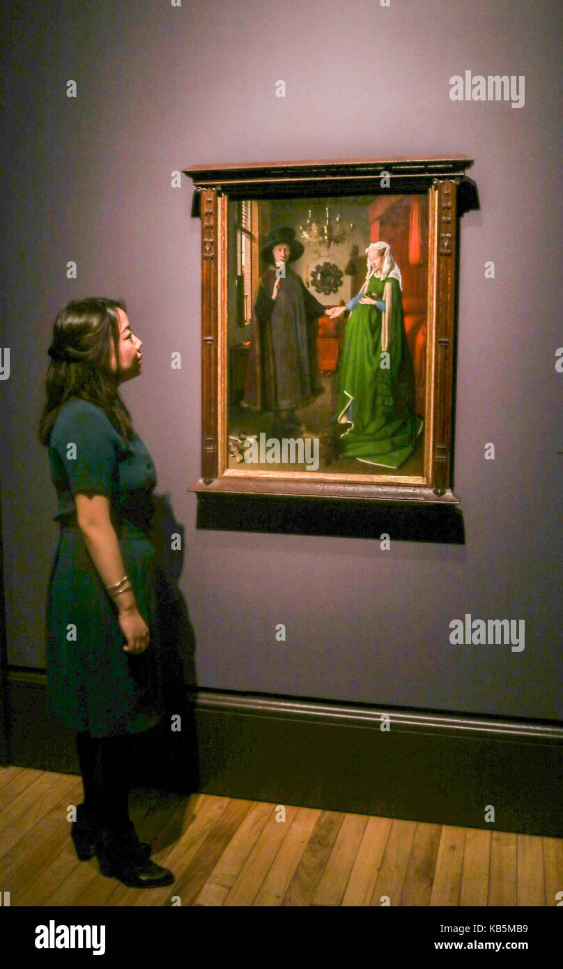 London, Großbritannien. 28 Sep, 2017. Drücken Sie die Taste Vorschau des fünfzehnten Jahrhunderts flämischen Künstler: Jan Van Eyck, deren "Das Arnolfini Portrait" eine neue Welle der Künstler namens Pre-Rafaelites Credit: Amer ghazzal/Alamy Live News inspiriert Stockfoto