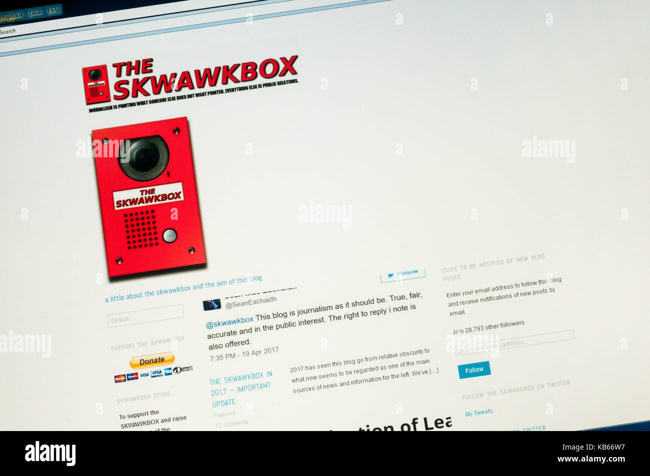 Startseite des britischen politischen alternative Nachrichten website Die Skwawkbox. Stockfoto
