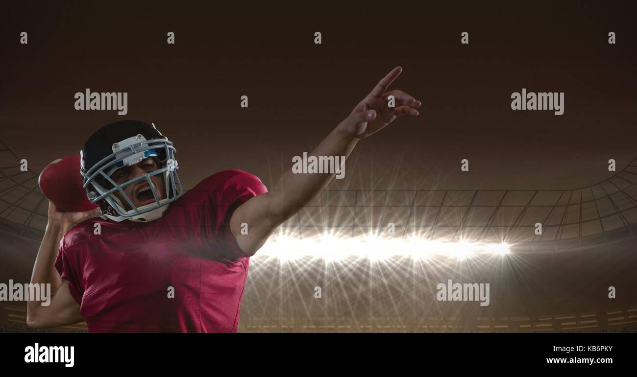 Digital composite des American Football Spieler im Stadion stehend das Werfen der Kugel Stockfoto