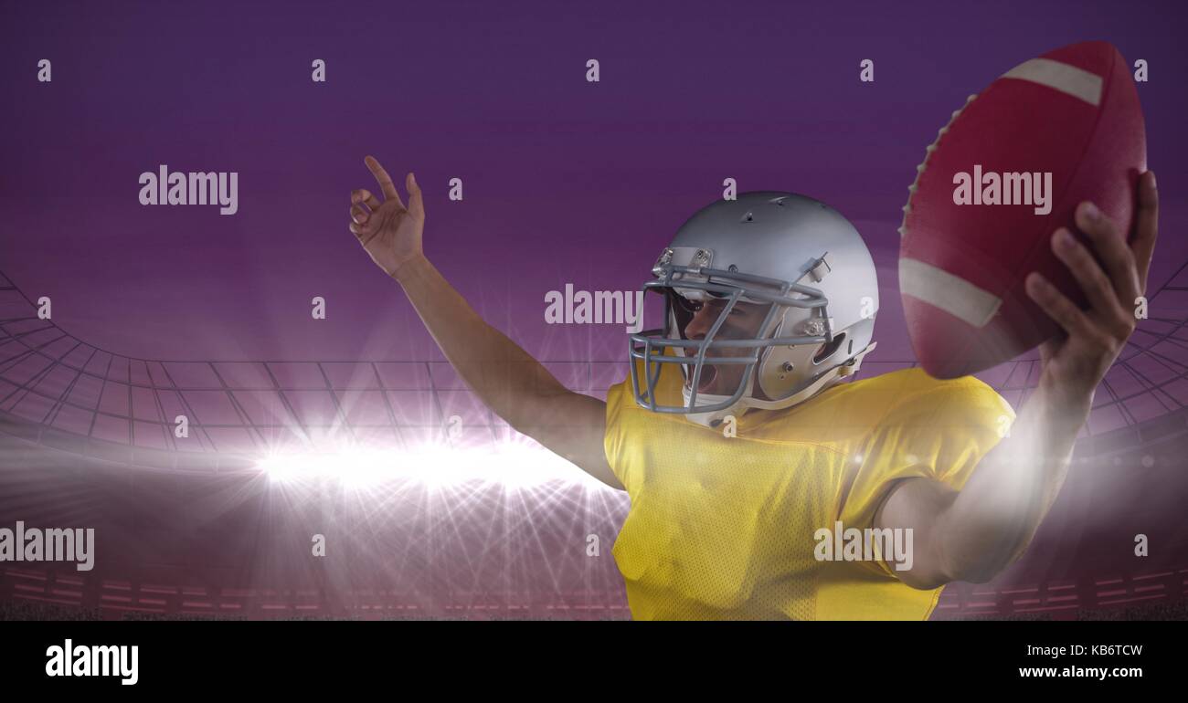 Digital composite des American Football Spieler jubeln mit Kugel in seiner Hand Stockfoto