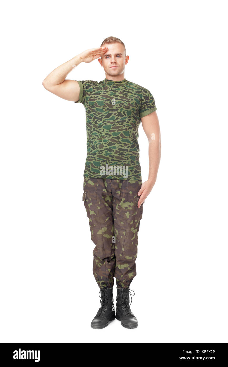 In voller Länge Porträt der jungen Armee Soldat salutierte isoliert auf weißem Hintergrund Stockfoto