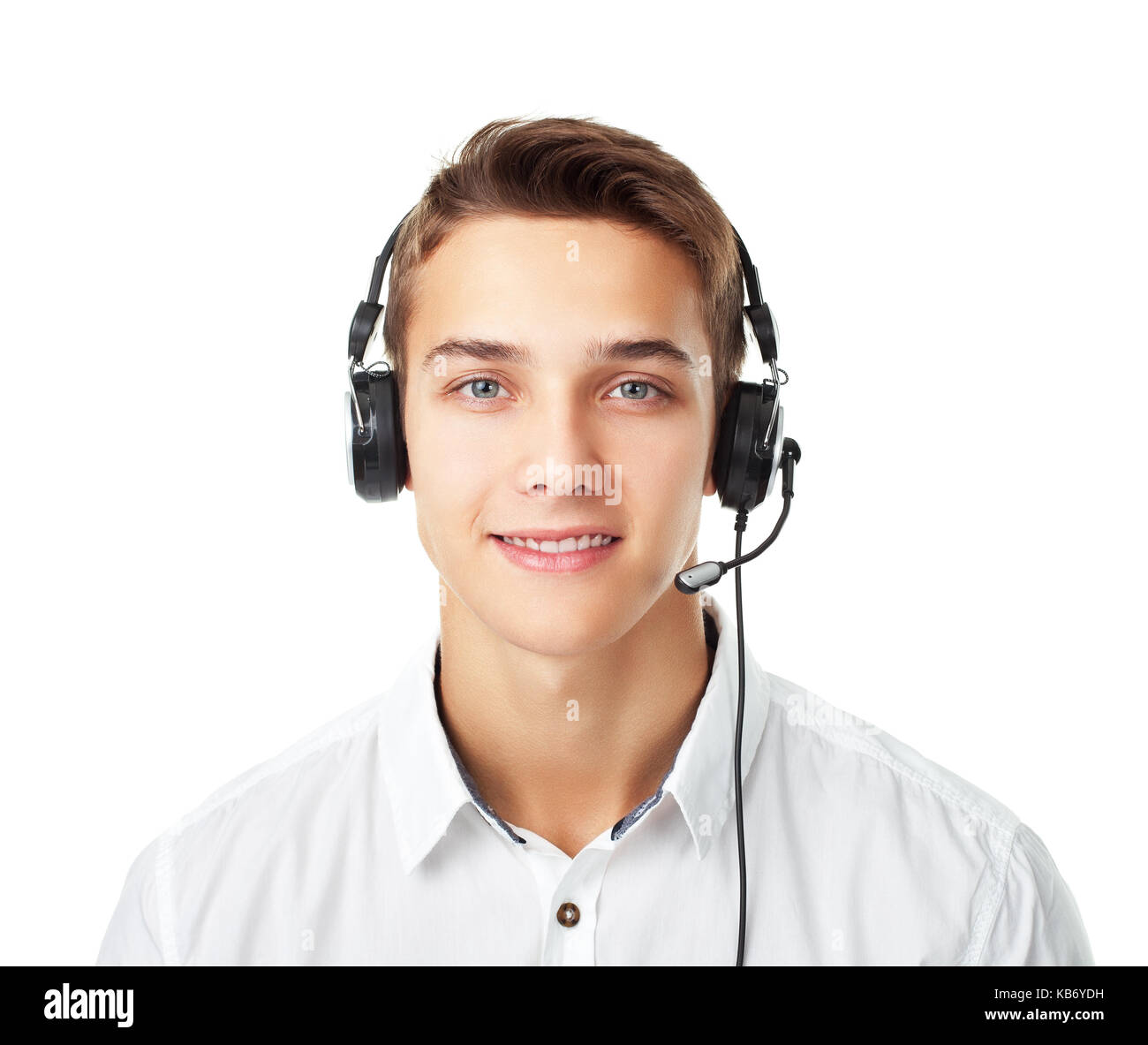Closeup Portrait des jungen Mannes Call Center Mitarbeiter mit einem Headset auf weißem Hintergrund Stockfoto