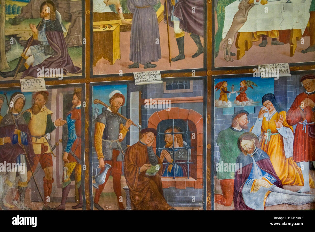 Fresken von Battista di Legnano, St. Rocco in St. Johannes der Evangelist Church, Santa Maria Maggiore, Vigezzotal, Piemont, Italien Stockfoto