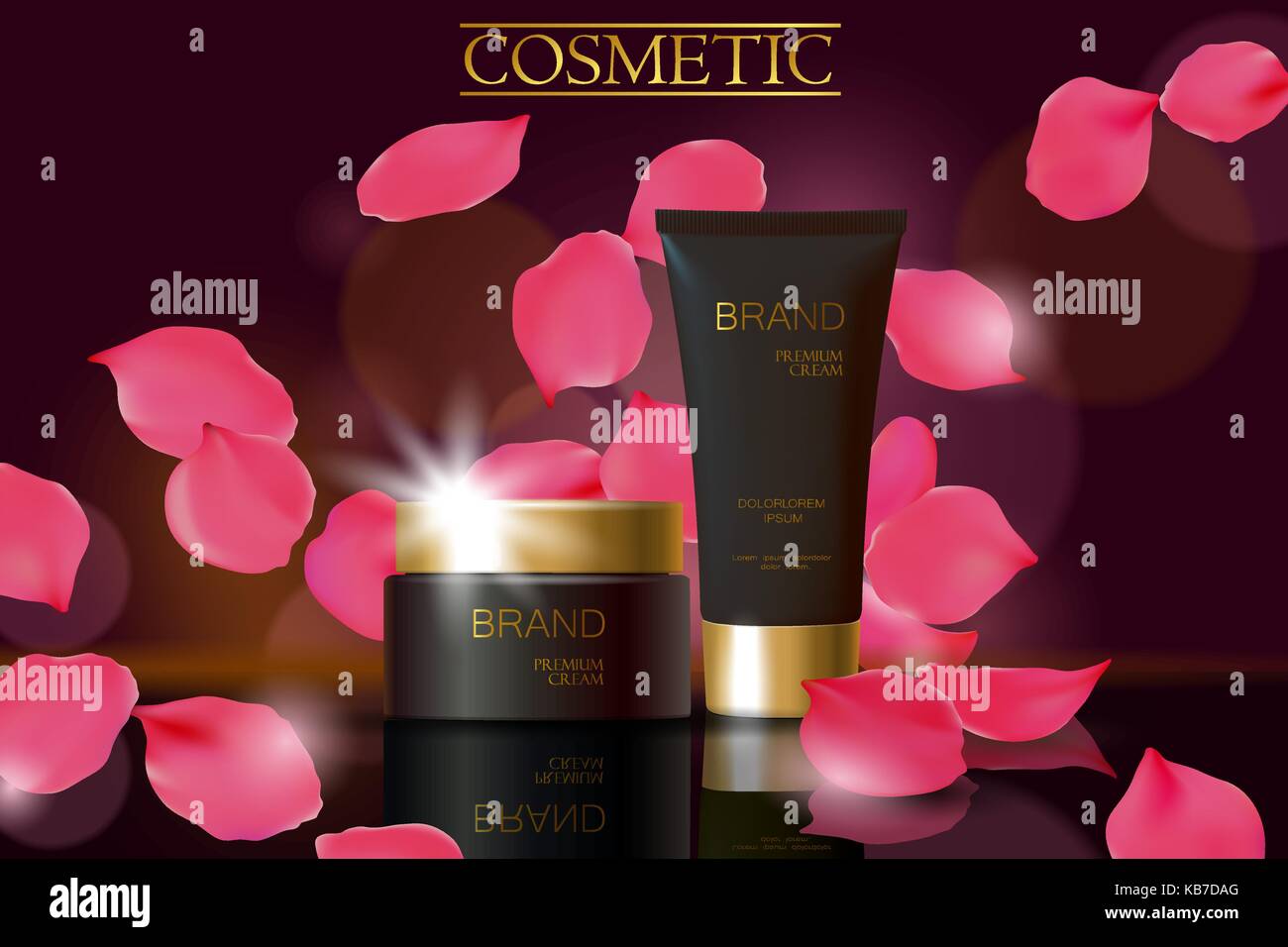 Schwarz kosmetische Ad Design vorlage. Dark golden Skin Care Paket Rohr Glas Reflexion. Rosenblätter defocuced Hintergrund Werbe banner Vector Illustration Stock Vektor