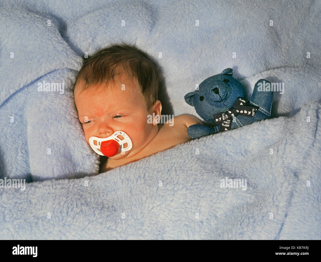 Ein 2 Wochen altes Baby Mädchen hält ihr Spielzeug Teddy, wie Sie ein Nickerchen in eine blaue Decke. Stockfoto