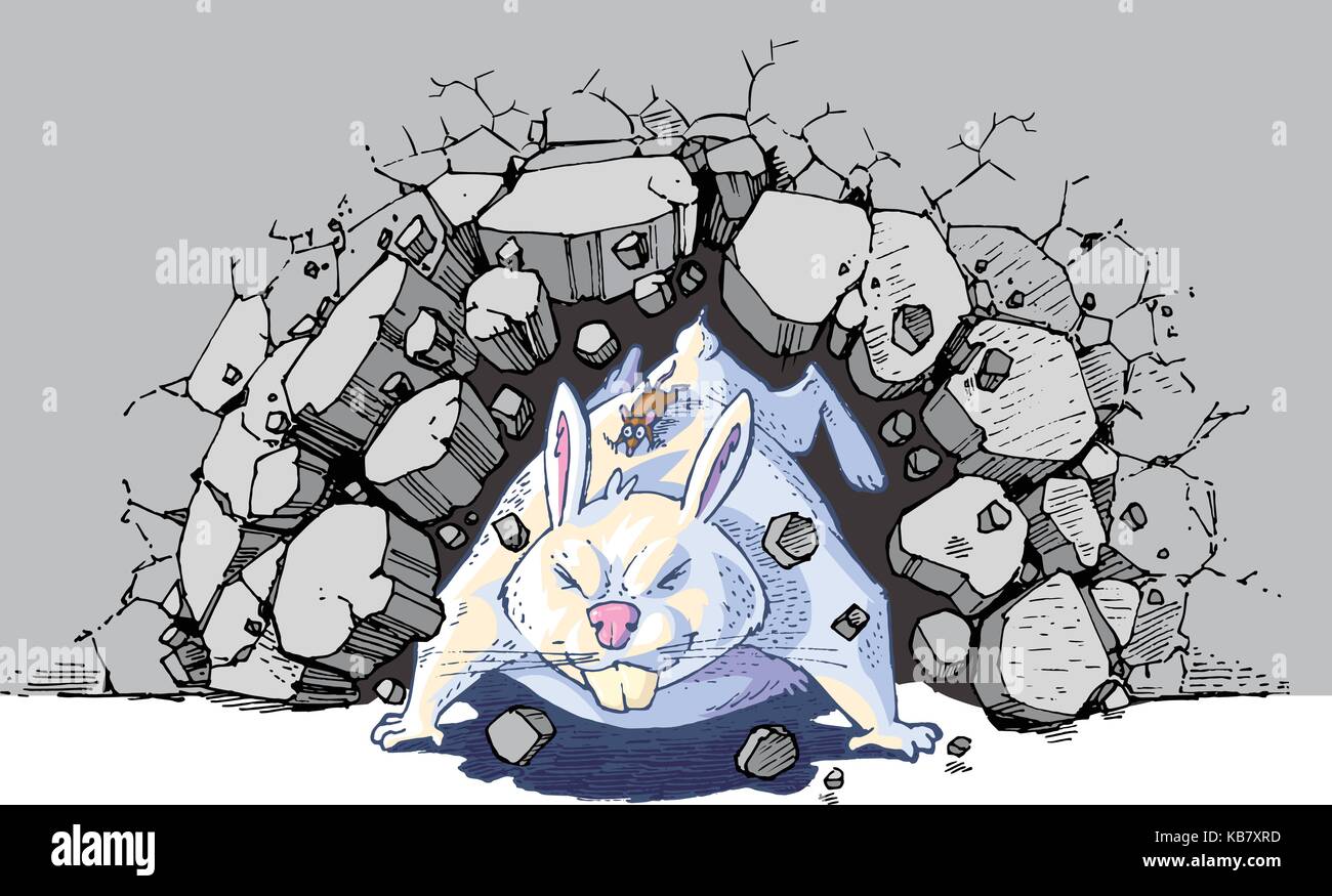 Vektor cartoon Clipart Abbildung: Eine braune Maus, ein riesiges, weißes Kaninchen oder Hase krachend durch eine Wand. Vektordatei ist für einfache cu Layered Stock Vektor