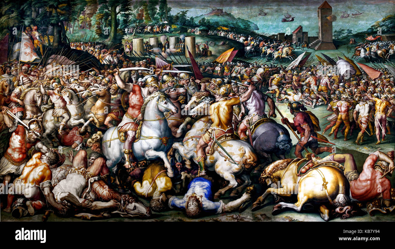 Die Rout von den Pisanern im Torre San Vincenz von Giorgio Vasari 1568/1571 (In 1505 der Florentiner Truppen von Ercole Bentivoglio Pisa Truppen angegriffen, in der Nähe der Turm von San Vincenzo. (Salone dei Cinquecento) im Palazzo Vecchio, Florenz, Italien Stockfoto