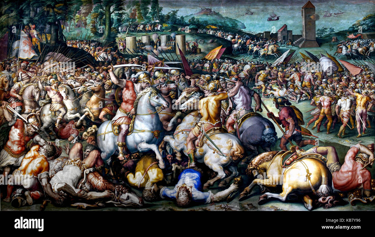 Die Rout von den Pisanern im Torre San Vincenz von Giorgio Vasari 1568/1571 (In 1505 der Florentiner Truppen von Ercole Bentivoglio Pisa Truppen angegriffen, in der Nähe der Turm von San Vincenzo. (Salone dei Cinquecento) im Palazzo Vecchio, Florenz, Italien Stockfoto