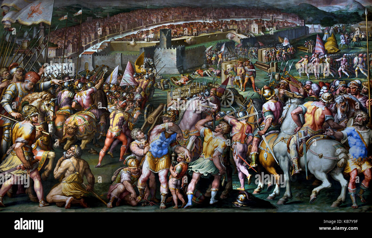 Die Erstürmung der Festung von Stampace in Pisa Giorgio Vasari 1568/1571 (In 1499 die Florentiner waren in der Lage, die Felsen von Stampace zu nehmen. (Salone dei Cinquecento) im Palazzo Vecchio, Florenz, Italien Stockfoto