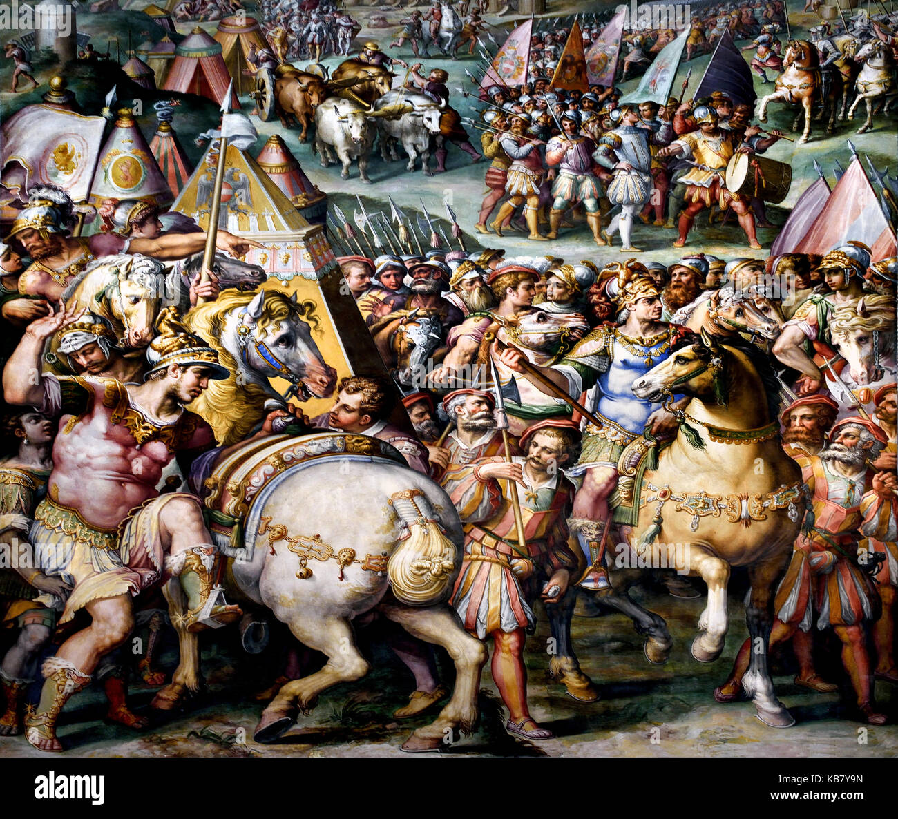 Kaiser Massimiliano hebt die Belagerung von Livorno Giorgio Vasari 1568/1571 im Jahre 1496 Kaiser Maximilian von Österreich im Namen von Pisa und anderer Staaten eingegriffen und belagerten die Stadt Livorno Livorno. (Salone dei Cinquecento) im Palazzo Vecchio, Florenz, Italien. Stockfoto