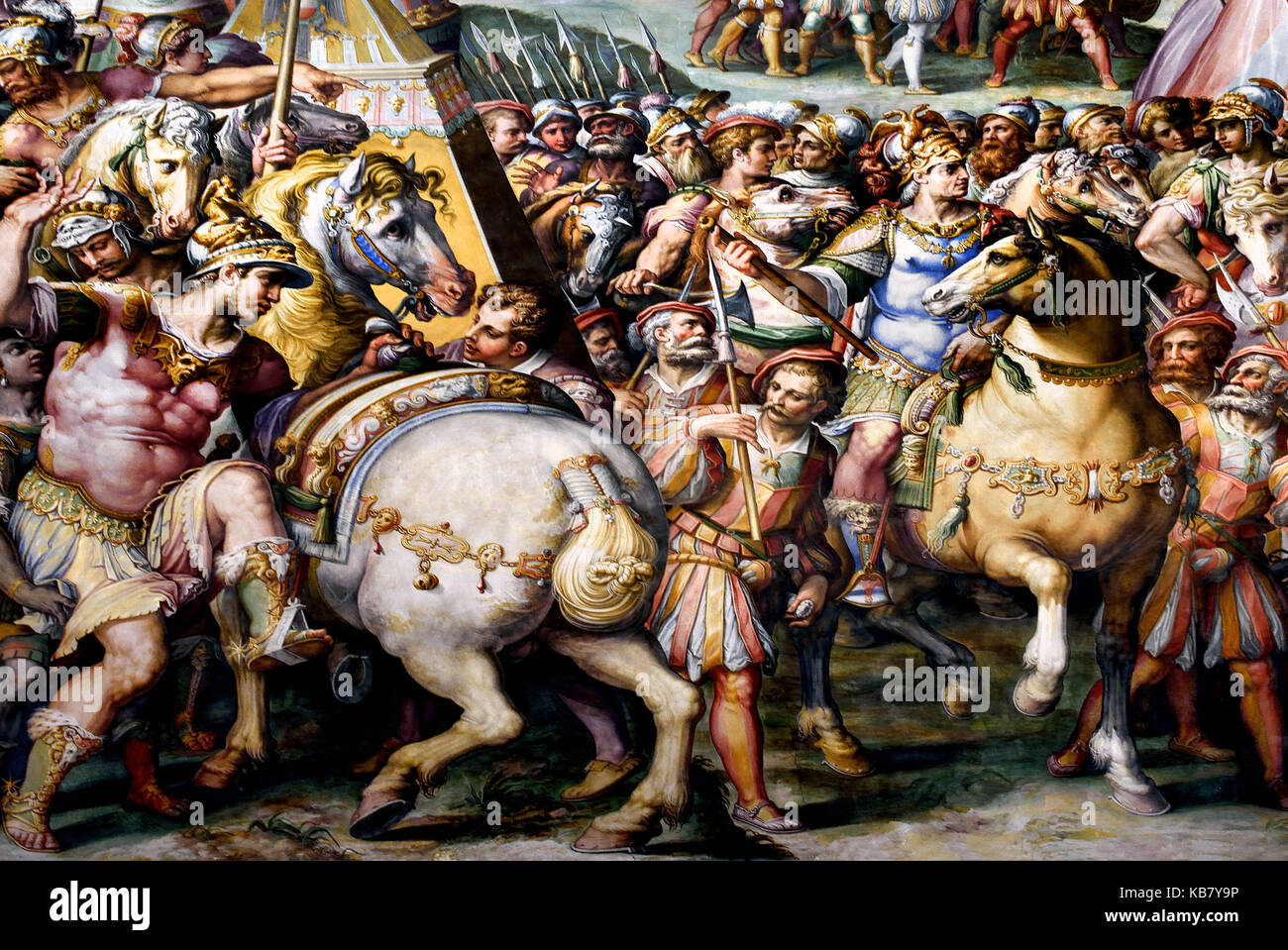 Kaiser Massimiliano hebt die Belagerung von Livorno Giorgio Vasari 1568/1571 im Jahre 1496 Kaiser Maximilian von Österreich im Namen von Pisa und anderer Staaten eingegriffen und belagerten die Stadt Livorno Livorno. (Salone dei Cinquecento) im Palazzo Vecchio, Florenz, Italien. Stockfoto