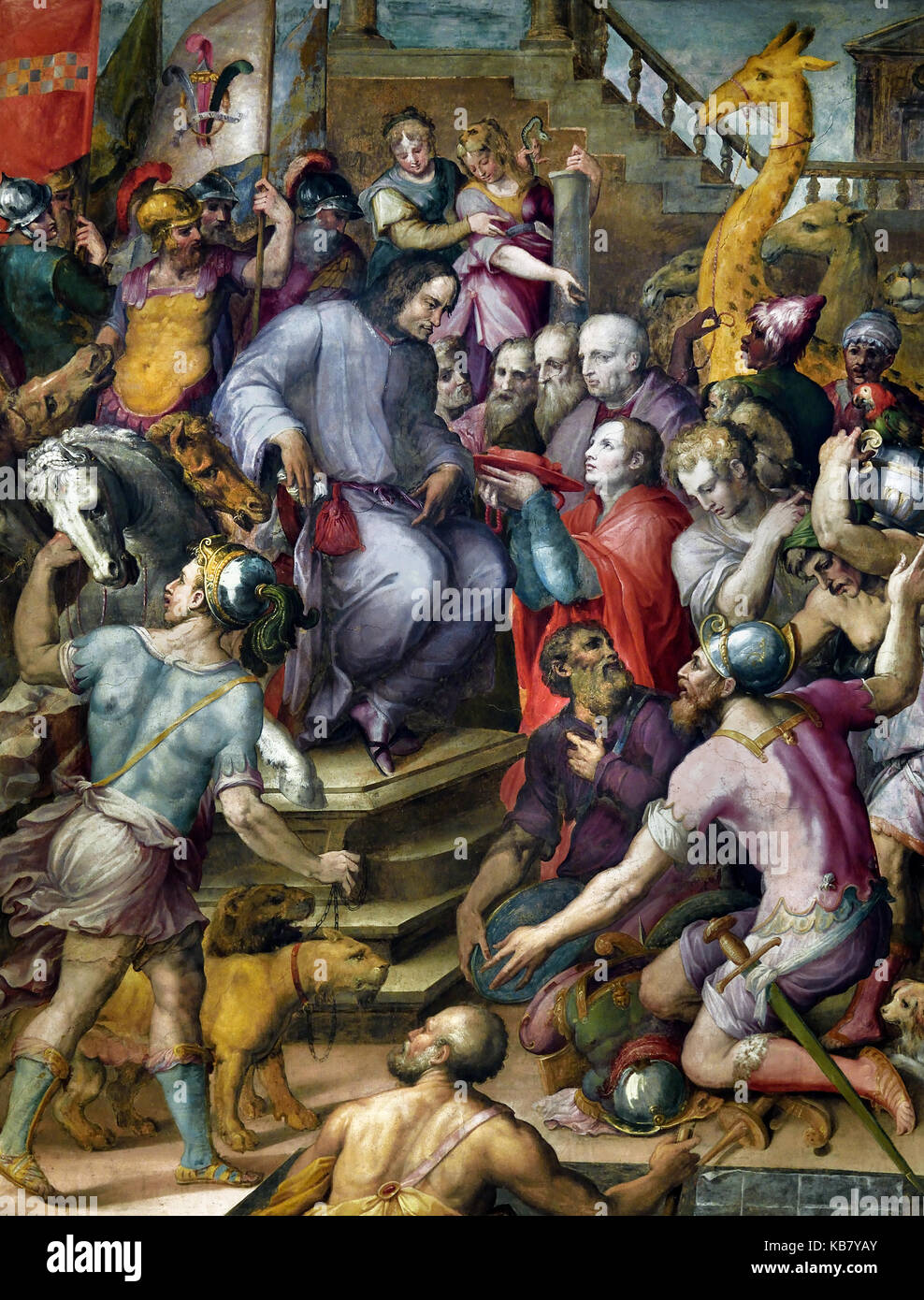 Lorenzo dem Prächtigen erhält den Tribut der Botschafter von Giorgio Vasari 1556/1558 aus dem 16. Jahrhundert im Palazzo Vecchio, Florenz, Italien Stockfoto